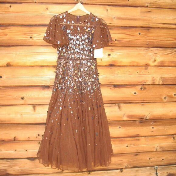 MAC DUGGAL 24018 Womens Brown  Flutter Sleeve Sheer Top Beaded Dress - Picture 11 of 14
